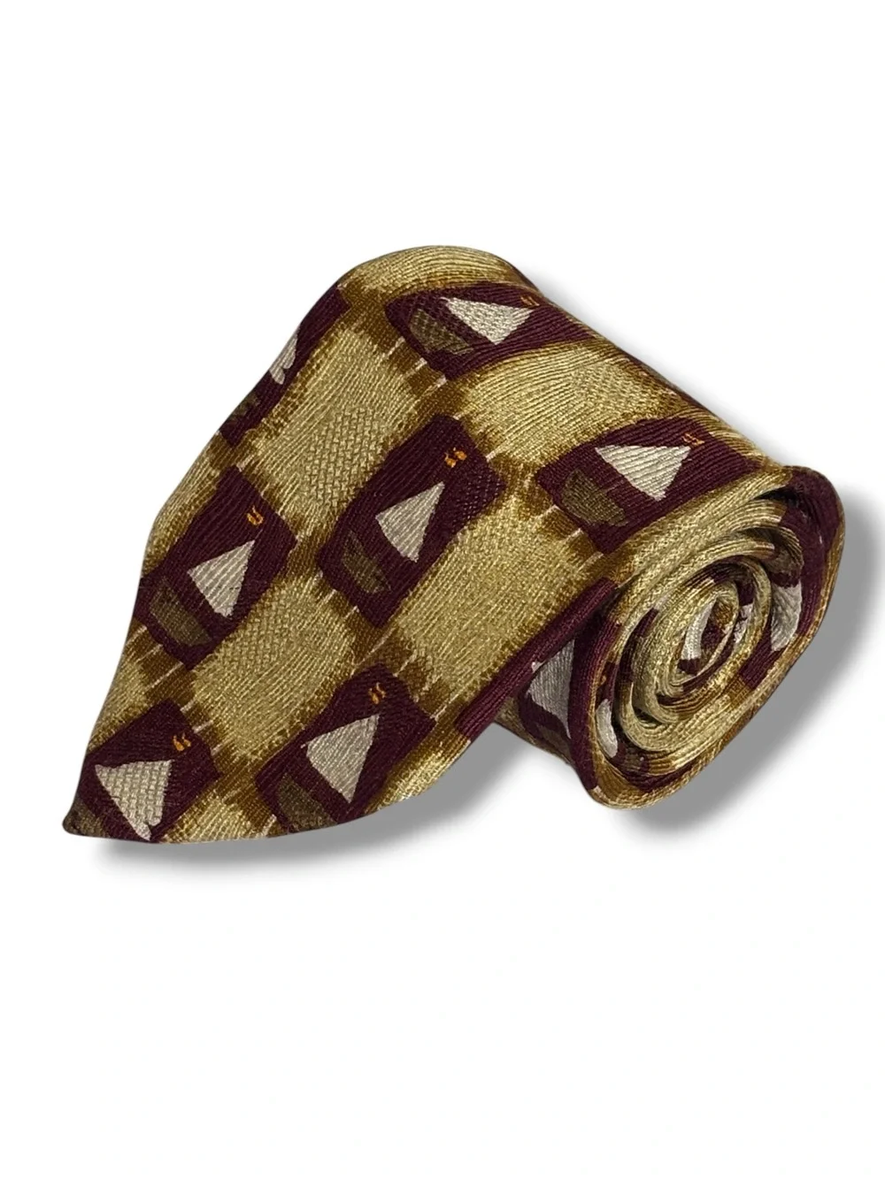 ERMENEGILDO ZENGA Yellow, Tan, & Red Silk Square Pattern Sailboats Tie VINTAGE